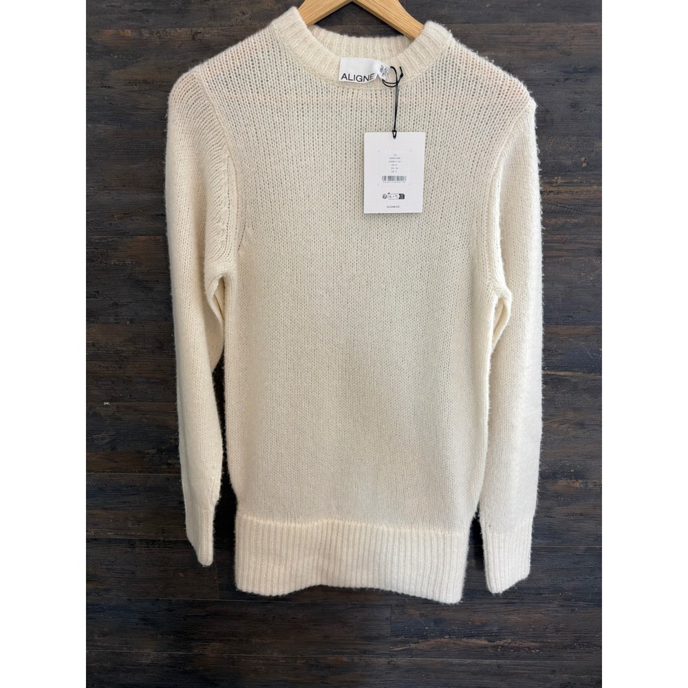 Aligne Liv Ivory Crew Neck Merino Wool Blend Sweater A0001398 US 2 NEW